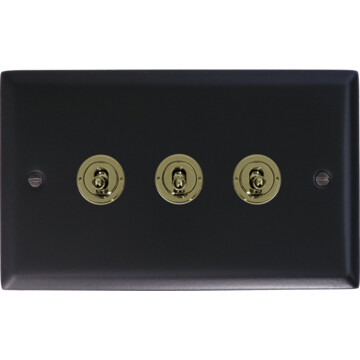 spectrum matt black toggle switch (3 gang/polished brass toggles) front fc0825