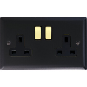 spectrum matt black double socket (polished brass switches) front fc0825