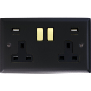 spectrum matt black double socket with usb (polished brass switches) front fc0825