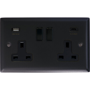 Spectrum Matt Black Double Socket with USB (USB-A and USB-C (Black Switches)
