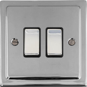 victorian polished chrome light switch (2 gang/black insert/polished chrome switches) front fc0825
