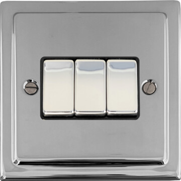victorian polished chrome light switch (3 gang/black insert/polished chrome switches) front fc0825