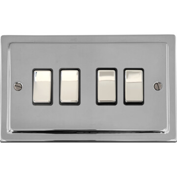 victorian polished chrome light switch (4 gang/black insert/polished chrome switches) front fc0825