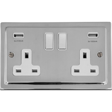 victorian polished chrome double socket with usb (chrome switch/white inserts) front fc0825
