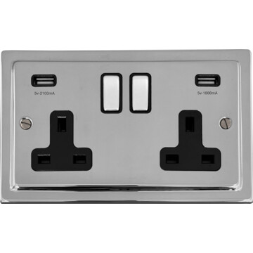 victorian polished chrome double socket with usb (chrome switch/black inserts) front fc0825