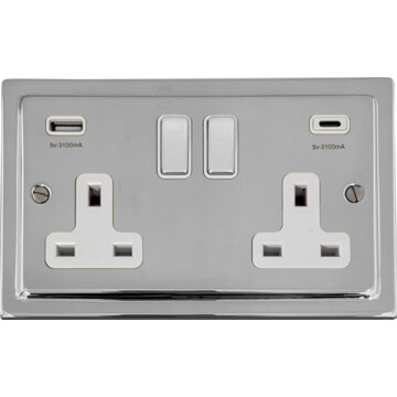 victorian polished chrome double socket with usb (usb a and usb c/white inserts/chrome switches) front fc0825