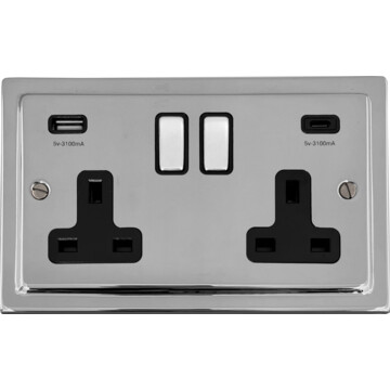 victorian polished chrome double socket with usb (usb a and usb c/black inserts/chrome switches) front fc0825
