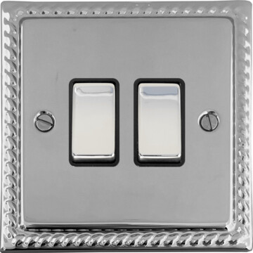 georgian polished chrome light switch (2 gang/black insert/chrome switches) front fc0825