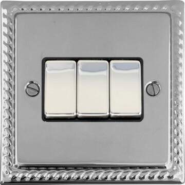 georgian polished chrome light switch (3 gang/black insert/chrome switches) front fc0825
