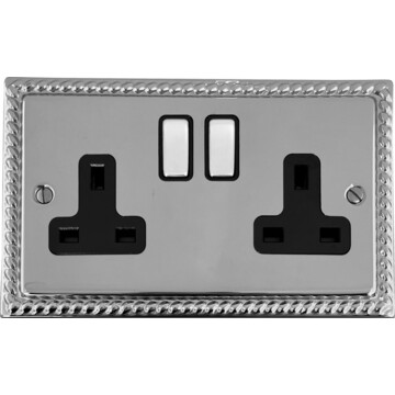 georgian polished chrome double socket (black insert/chrome switches) front fc0825