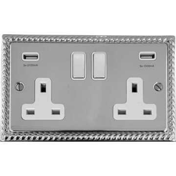 georgian polished chrome double socket with usb (chrome switch/white insert)) front fc0825