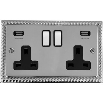 georgian polished chrome double socket with usb (chrome switches/black insert)) front fc0825
