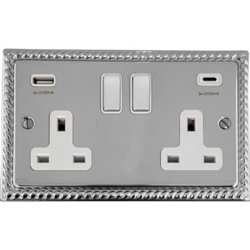 georgian polished chrome double socket with usb (usb a and usb c/white inserts/chrome switches) front fc0825
