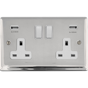 deco polished chrome double socket with usb (chrome switches/white inserts)) front fc0825