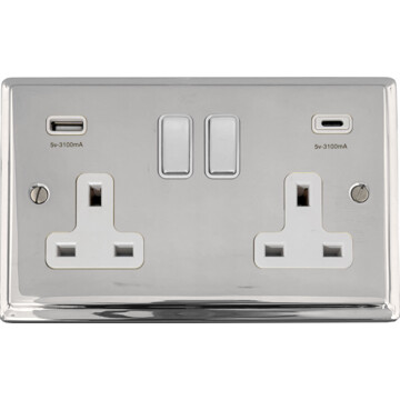 deco polished chrome double socket with usb (usb-a and usb-c/white inserts/chrome switches) front fc0825