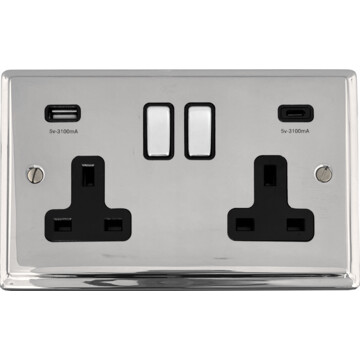 deco polished chrome double socket with usb (usb-a and usb-c/black inserts/chrome switches) front fc0825