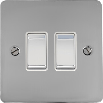 flat polished chrome light switch (2 gang/white insert/chrome switches) front fc0825