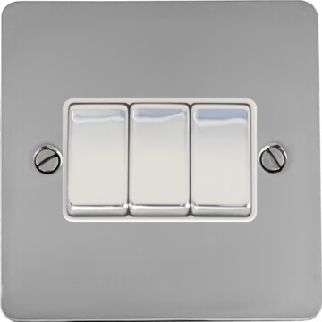 flat polished chrome light switch (3 gang/white insert/chrome switches) front fc0825
