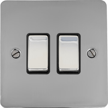 flat polished chrome light switch (2 gang/black insert/chrome switches) front fc0825