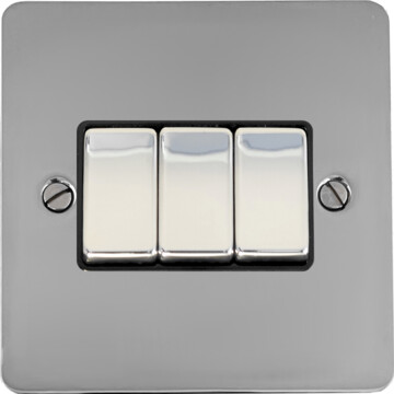 flat polished chrome light switch (3 gang/black insert/chrome switches) front fc0825
