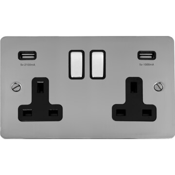 flat polished chrome double socket with usb (chrome switches/black insert) front fc0825