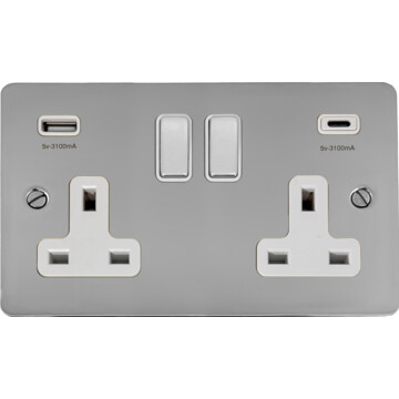 flat polished chrome double socket with usb (usb-a and usb-c/white insert/chrome switches) front fc0825