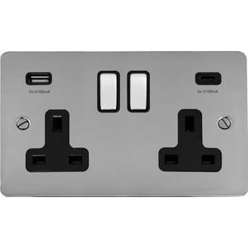 flat polished chrome double socket with usb (usb a and usb c/black insert/chrome switches) front fc0825