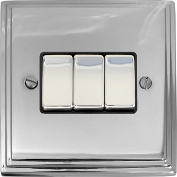 victorian polished chrome light switch (3 gang/black insert/chrome switches) front fc0825
