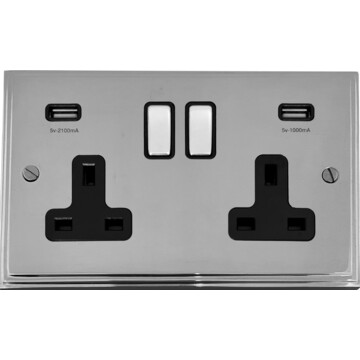 victorian polished chrome double socket with usb (chrome switch/black inserts) front fc0825
