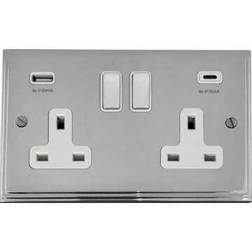 victorian polished chrome double socket with usb (usb-a and usb-c/white inserts) front fc0825