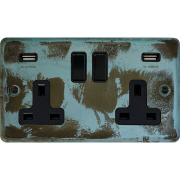 contour verdigris double socket with usb (black switch) front fc0825
