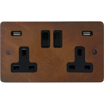 flat rust double socket with usb (black switches) front fc0825