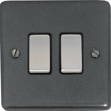 contour pewter light switch (2 gang/black insert/steel switches) front fc0825