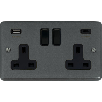 contour pewter double socket with usb (2 gang/usb-a and usb-c/black switches) front fc0825