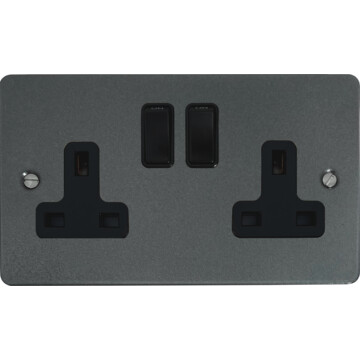 flat pewter double socket (black switch) front fc0825