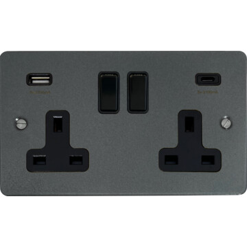 flat pewter double socket with usb (2 gang/usb-a and usb-c/black switch) front fc0825