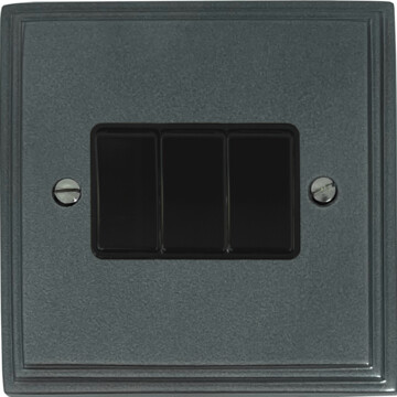 victorian pewter light switch (3 gang/black insert/black switch) front fc0825
