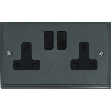 victorian pewter double socket (black insert/black switch) front fc0825