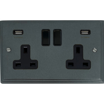 victorian pewter double socket with usb (black insert/black switch) front fc0825