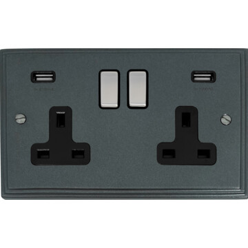 victorian pewter double socket with usb (black insert/satin chrome switch) front fc0825
