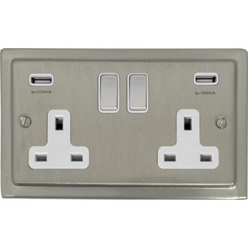 satin nickel socket with usb (double socket/metal switches/white insert) front fc0825
