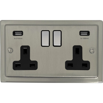 satin nickel socket  with usb (double socket/metal switches/black insert) front fc0825