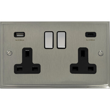 victorian satin nickel double socket with usb (usb-a and usb-c/black inserts/steel switches) front fc0825