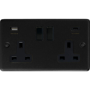 contour graphite double socket with usb (usb-a and usb-c/black insert/black plastic switches) front fc0825
