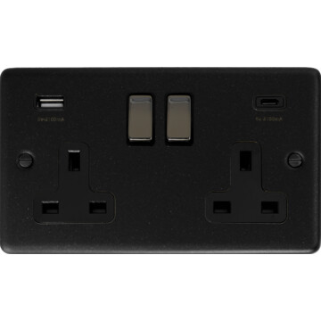 contour graphite double socket with usb (usb-a and usb-c/black insert/black nickel switch) front fc0825