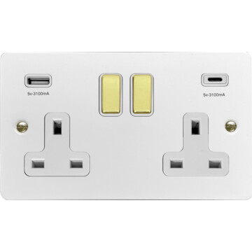 flat white socket with usb (usb-a and usb-c/white insert/polished brass switches) front fc0825
