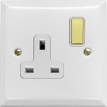 spectrum white single socket (white insert/polished brass switch) front fc0825