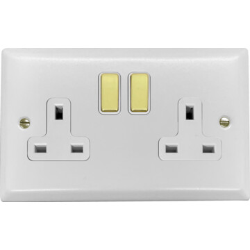 spectrum white double socket (white insert/ polished brass switches) front fc0825