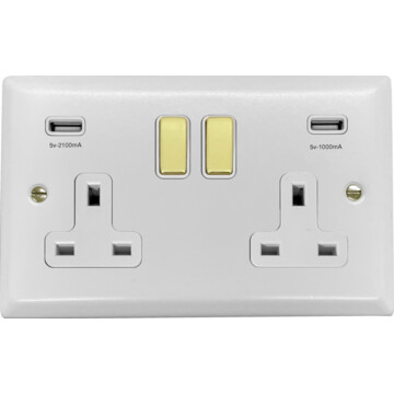 spectrum white double socket with usb (white insert/polished brass switches) front fc0825