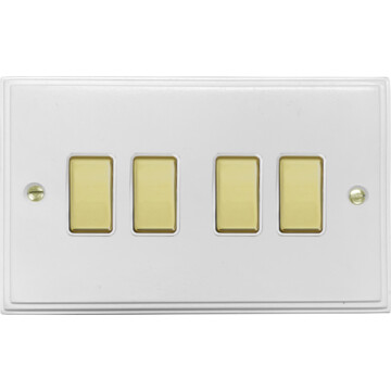 victorian white light switch (4 gang/white insert/polished brass switches) front fc0825